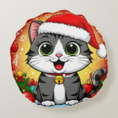 クリスマスの飾り付きサンタハットの漫画の猫 ラウンドクッション (裏面)