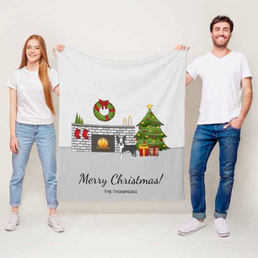 クリスマスの飾り付けされた部屋の黒ボストンテリア フリースブランケット (インサイチュ)