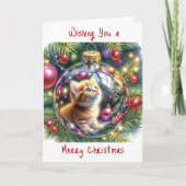 クリスマスの飾り付けでの子猫の反射 カード (正面)