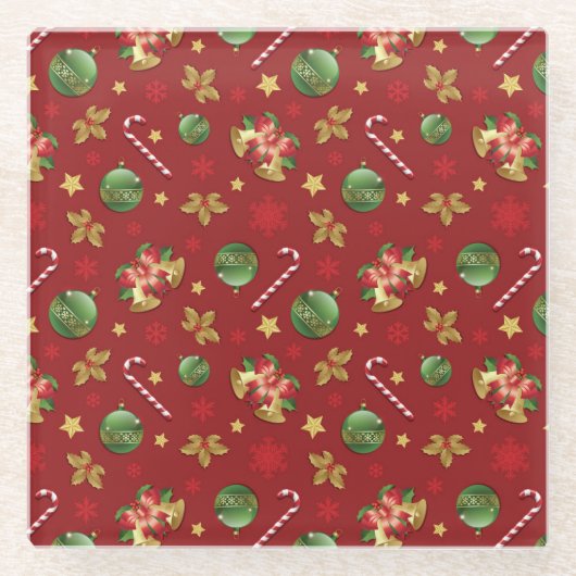 クリスマスの飾り付けとお菓子の杖の模様 ガラスコースター (正面)