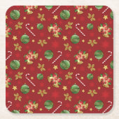 クリスマスの飾り付けとお菓子の杖の模様 スクエアペーパーコースター (正面)
