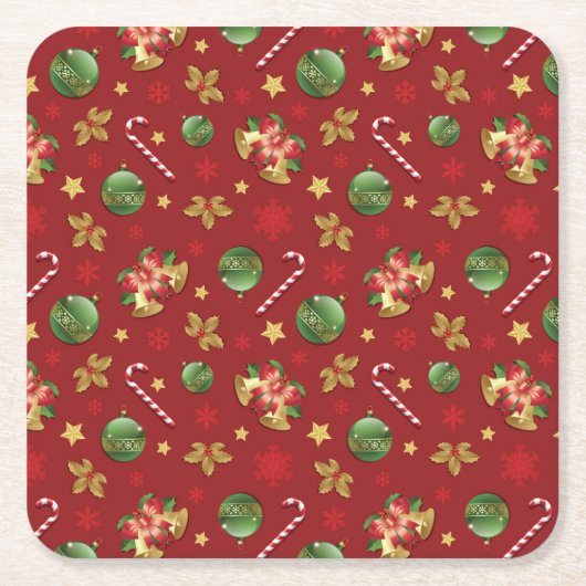 クリスマスの飾り付けとお菓子の杖の模様 スクエアペーパーコースター (正面)