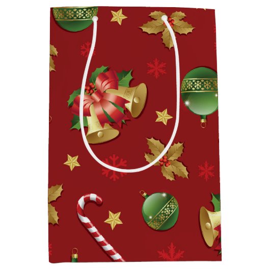 クリスマスの飾り付けとお菓子の杖の模様 ミディアムペーパーバッグ (正面)