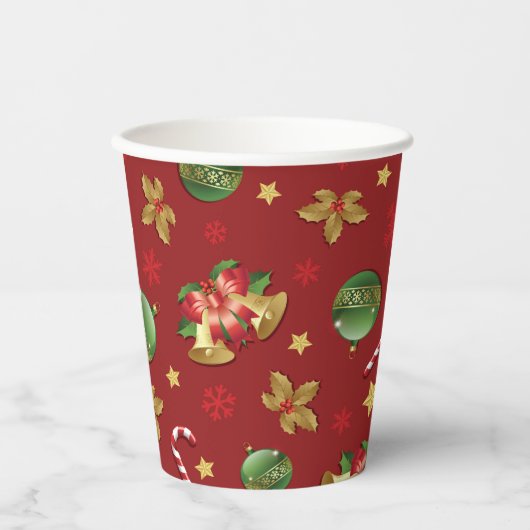 クリスマスの飾り付けとお菓子の杖の模様 紙コップ (正面)