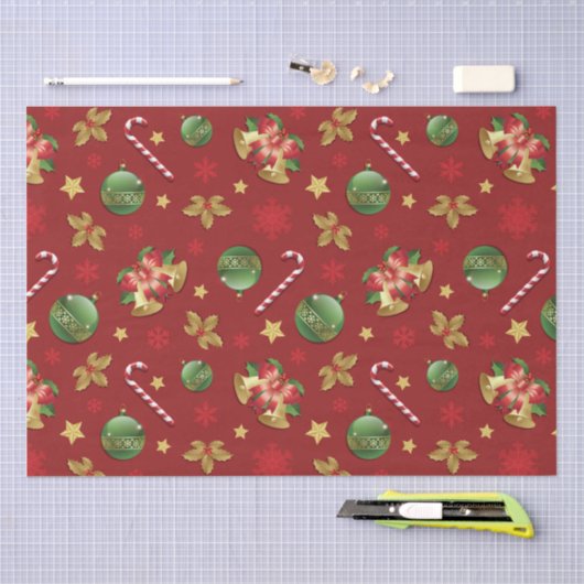 クリスマスの飾り付けとお菓子の杖の模様 薄葉紙 (クラフト)