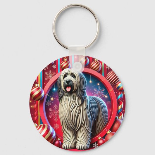 クリスマスの飾り付けとふわふわの犬 キーホルダー (正面)