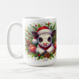 クリスマスの飾り付けと可愛い子牛 コーヒーマグカップ