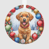 クリスマスの飾り付けに囲まれた、愛らしい子犬 オーナメント (裏面)