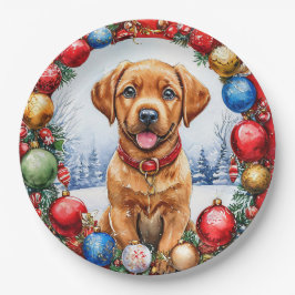 クリスマスの飾り付けに囲まれた、愛らしい子犬 ペーパープレート