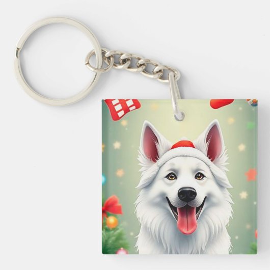 クリスマスの飾り付けに囲まれポーズをとる犬 キーホルダー (正面)