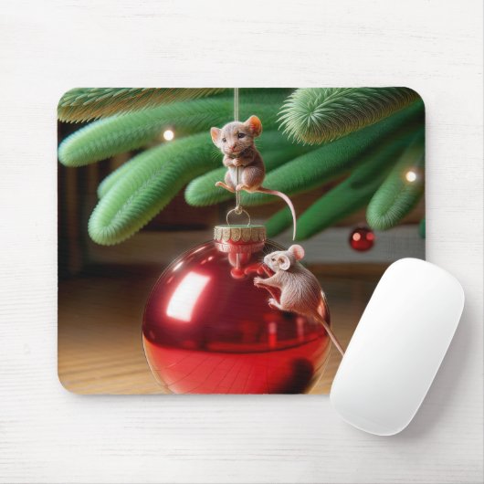クリスマスの飾り付けのいたずら好きなネズミ マウスパッド (マウス)