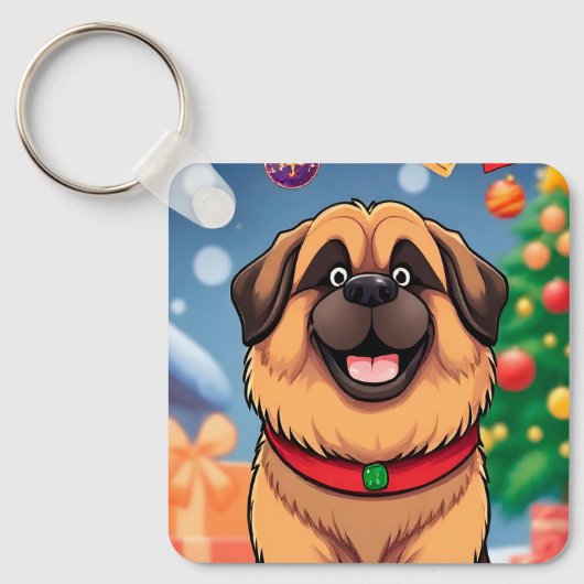 クリスマスの飾り付けの中の犬 キーホルダー (正面)