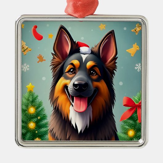 クリスマスの飾り付けの中の犬 メタルオーナメント (正面)