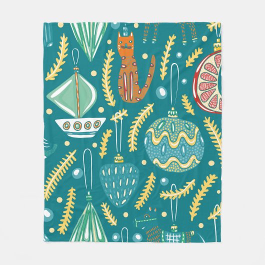 クリスマスの飾り付けは、縫い目のない模様。明るい色 フリースブランケット (正面)