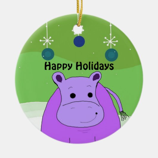 クリスマスの飾り付けをしたカバのキャラクター セラミックオーナメント (正面)