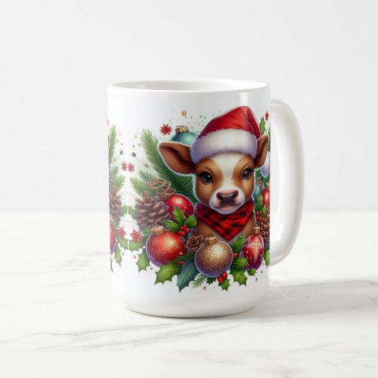 クリスマスの飾り付けをしたサンタハットのふくらはぎ コーヒーマグカップ (正面右)
