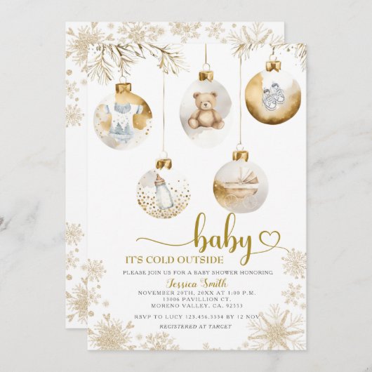 クリスマスの飾り付けベビーシャワー外は寒い 招待状 (正面/裏面)