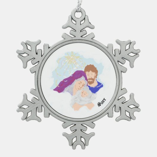 クリスマスの飾り：主イエス・キリストの誕生 スノーフレークピューターオーナメント (正面)