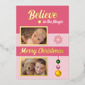 クリスマスの飾り 星 雪の結晶の写真 ピンク 箔シーズンカード (正面)