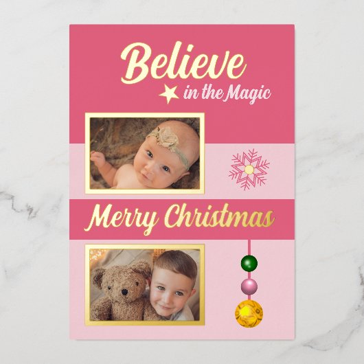 クリスマスの飾り 星 雪の結晶の写真 ピンク 箔シーズンカード (正面)