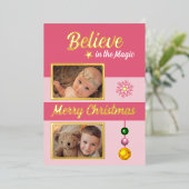 クリスマスの飾り 星 雪の結晶の写真 ピンク 箔シーズンカード (立ち正面)