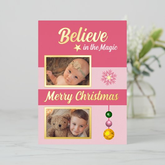 クリスマスの飾り 星 雪の結晶の写真 ピンク 箔シーズンカード (立ち正面)