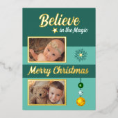 クリスマスの飾り 星 雪の結晶の写真 緑 箔シーズンカード (正面)