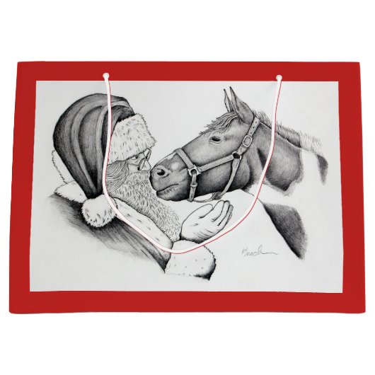 クリスマスの馬およびサンタクロース ラージペーパーバッグ (正面)