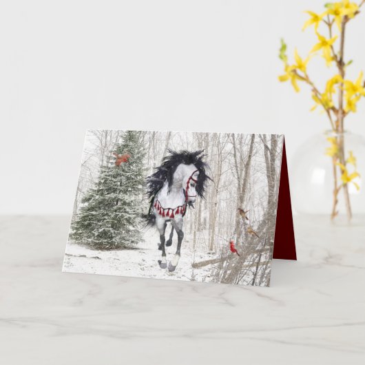 クリスマスの馬とカーディナルズの折りたたみ式グリーティングカード カード (黄色い花)