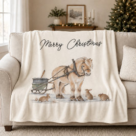 クリスマスの馬の動物たち 冬 フリースブランケット