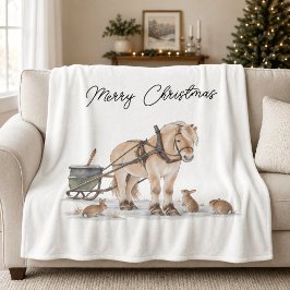 クリスマスの馬の動物たち 冬 フリースブランケット