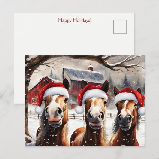 クリスマスの馬 かわいい楽しい休日 ポストカード (正面/裏面)