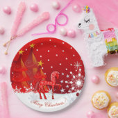 クリスマスの馬、雪片、木及びカスタムな文字 ペーパープレート (パーティー)