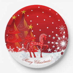 クリスマスの馬、雪片、木及びカスタムな文字 ペーパープレート