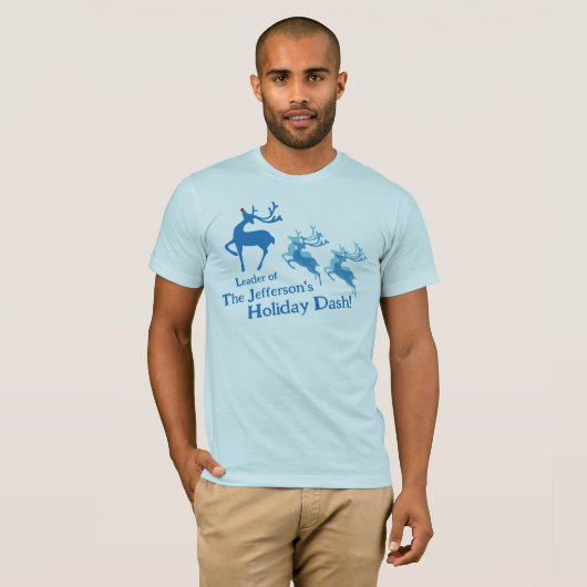 クリスマスの駆け足トナカリのリーダー 青 赤 カスタム Tシャツ (正面フル)