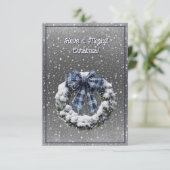 クリスマスの魔法のリースブルーの格子柄のリボンを持っている カード (スタンド正面)