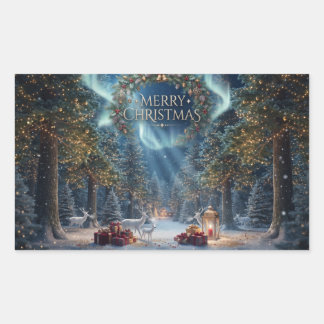 クリスマスの魔法の森のリンデとトナカイ 長方形シール
