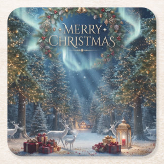 クリスマスの魔法の森 リースとトナカイ スクエアペーパーコースター
