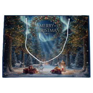クリスマスの魔法の森 リースとトナカイ ラージペーパーバッグ