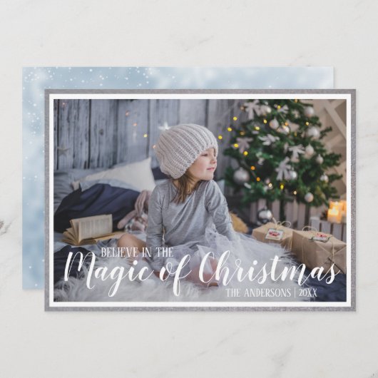 クリスマスの魔法を信じて シルバー/ブルー ホリデー フォト シーズンカード (正面/裏面)