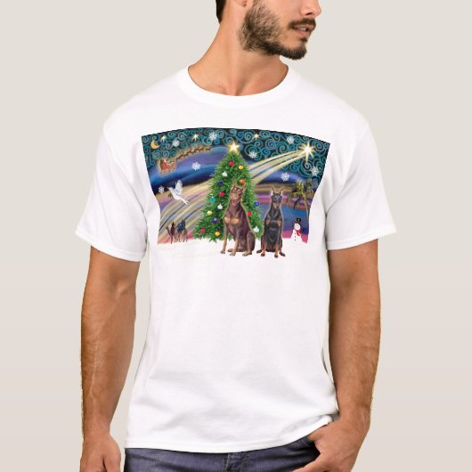 クリスマスの魔法 - ドーベルマン ペア Tシャツ (正面)