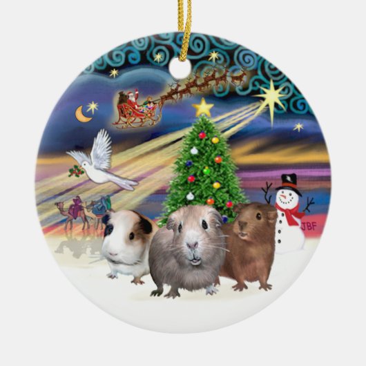 クリスマスの魔法 - モルモット3匹 セラミックオーナメント (正面)