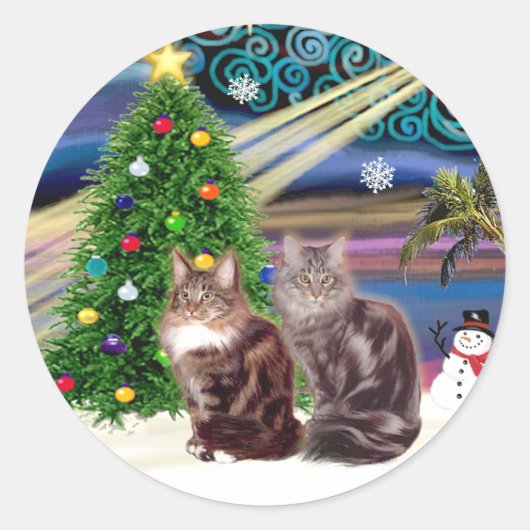 クリスマスの魔法 - 二匹のメインクーン ラウンドシール (正面)