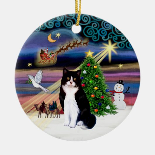 クリスマスの魔法 黒白猫 セラミックオーナメント (正面)