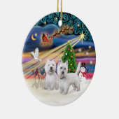 クリスマスの魔法 - 2匹のウェスティ セラミックオーナメント (右)