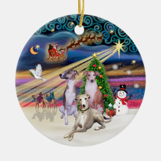 クリスマスの魔法 - 3匹のウィペット セラミックオーナメント (正面)