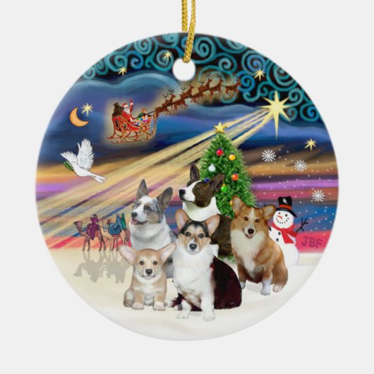 クリスマスの魔法 - 5匹のウェルシュコーギー セラミックオーナメント (正面)