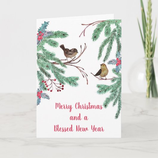 クリスマスの鳥ともみの木の葉といちご シーズンカード (正面)