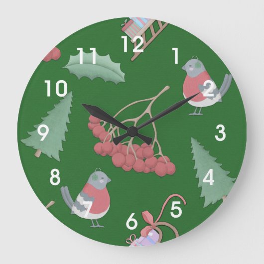 クリスマスの鳥とソリの緑 ラージ壁時計 (正面)