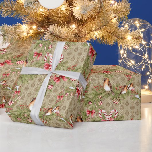 クリスマスの鳥と松の枝とキャンディカン ラッピングペーパー (クリスマス)